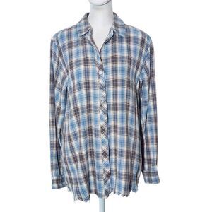 MM Vintage Gray and Blue Plaid Flannel Shirt with Embroidered Detail Size Medium